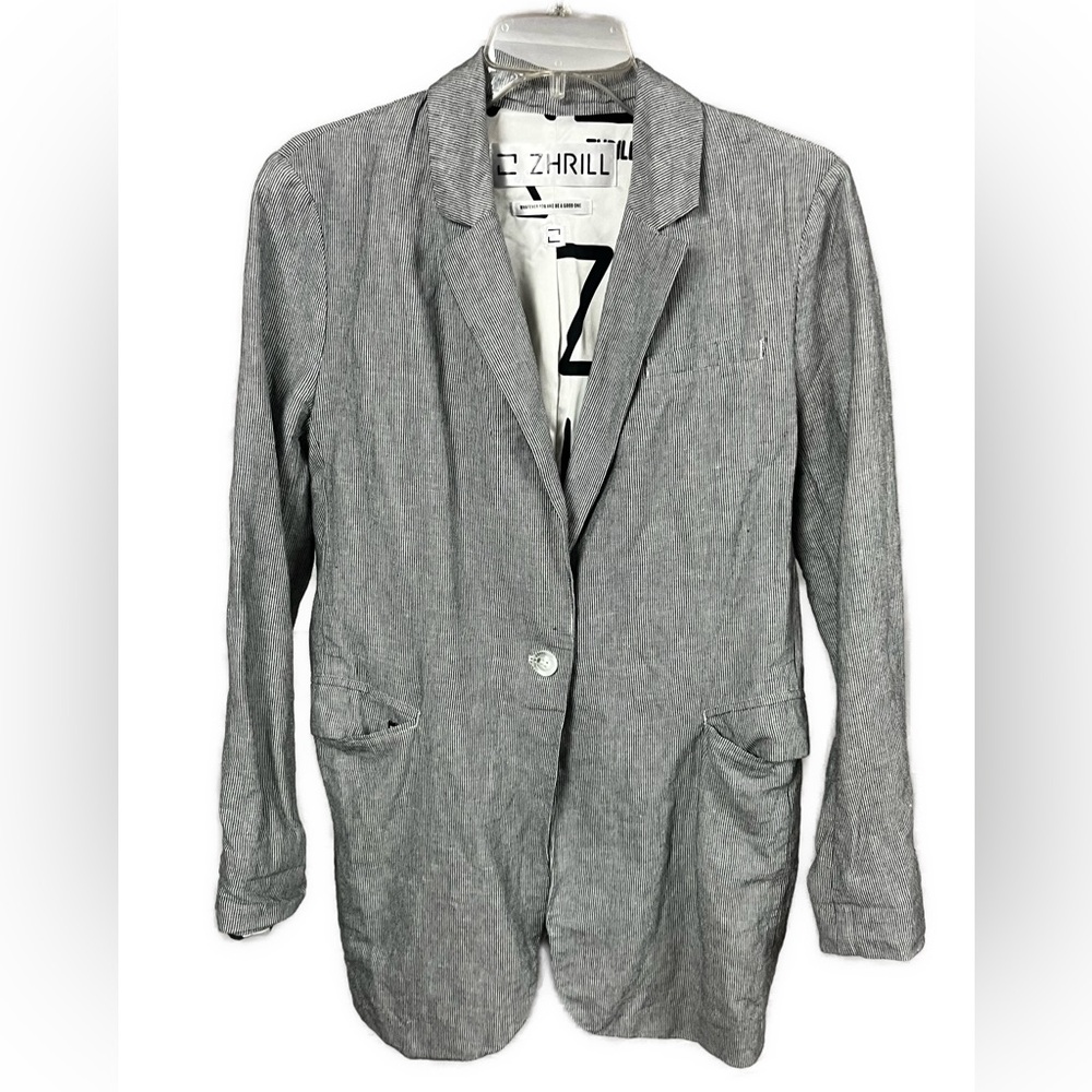 ZHRILL Women's Linen Blend Striped One Button Lagenlook‎ Blazer- Size Small